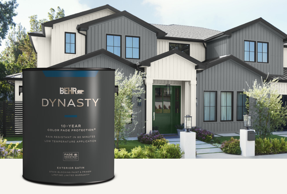 Mobile version of a painted exterior home featuring a Dynasty Exterior Satin paint can