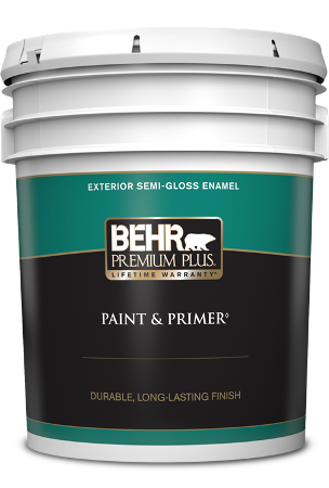 5 gal pail of Behr Premium Plus exterior paint, semi-gloss