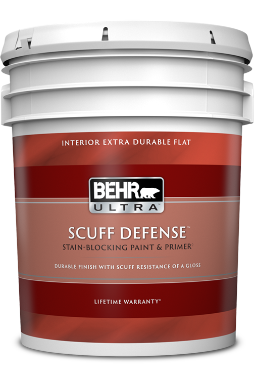 5 gal pail of Behr Ultra Scuff Defense interior paint, extra durable flat