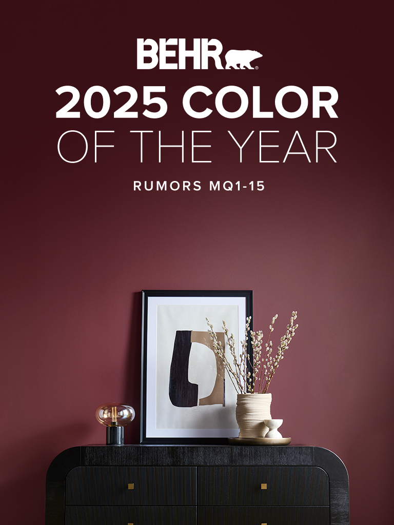 Mobile-sized image of a hallway painted in Rumors, featuring Behr 2025 Color of the Year, Rumors