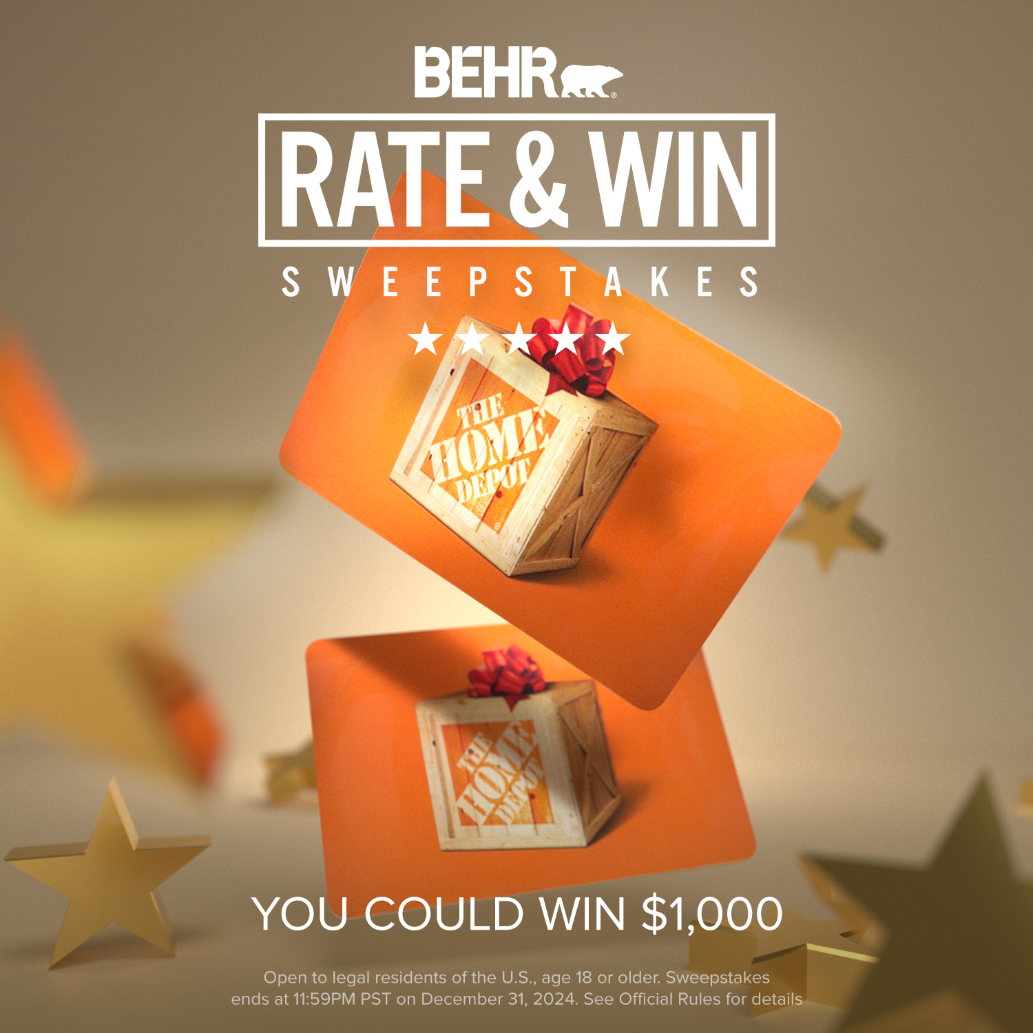 Rate & Win Sweepstakes 2024 with The Home Depot gift cards and stars falling in the foreground.